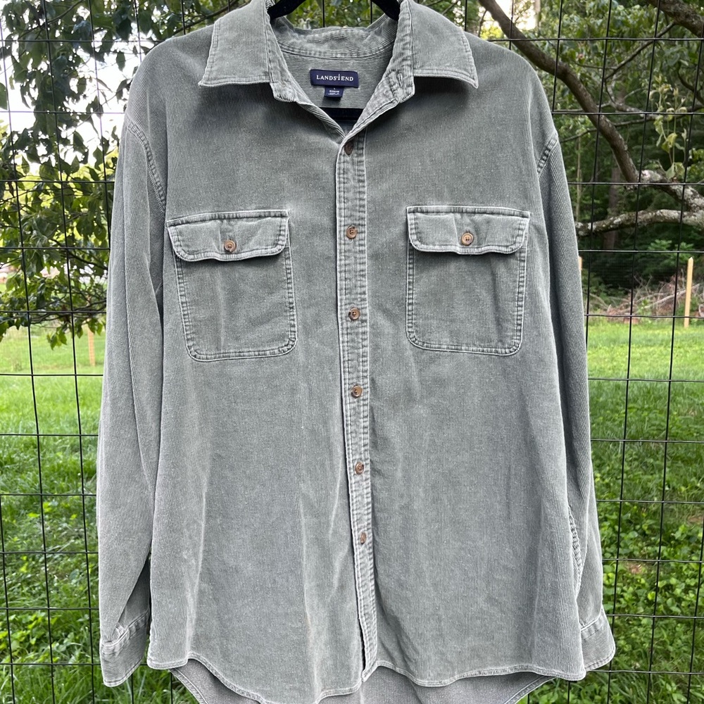 Lands' End Green/Gray Corduroy Shirt. Mens size Large- like new